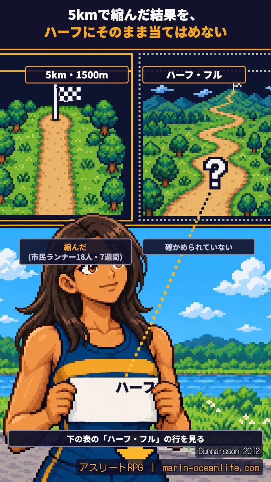 距離を減らして強い練習に置き換えた研究で縮んだのは5kmと1500mで、ハーフ・フルでは確かめられていないため、ハーフに出る人はその結果をそのまま当てはめないことを示す図