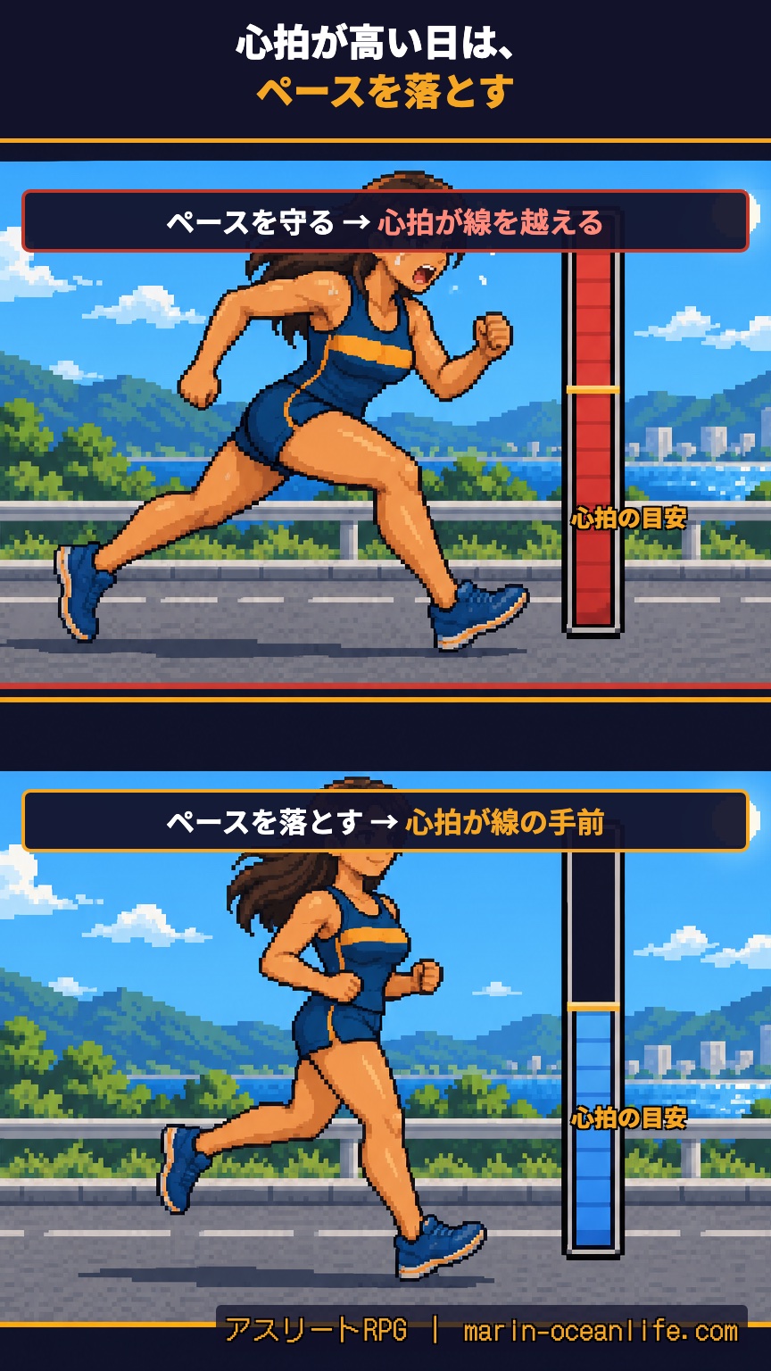 心拍がいつもより高い暑い日に、ペースを守ると心拍が目安を越え、ペースを落とすと目安の手前に収まることを示す比較