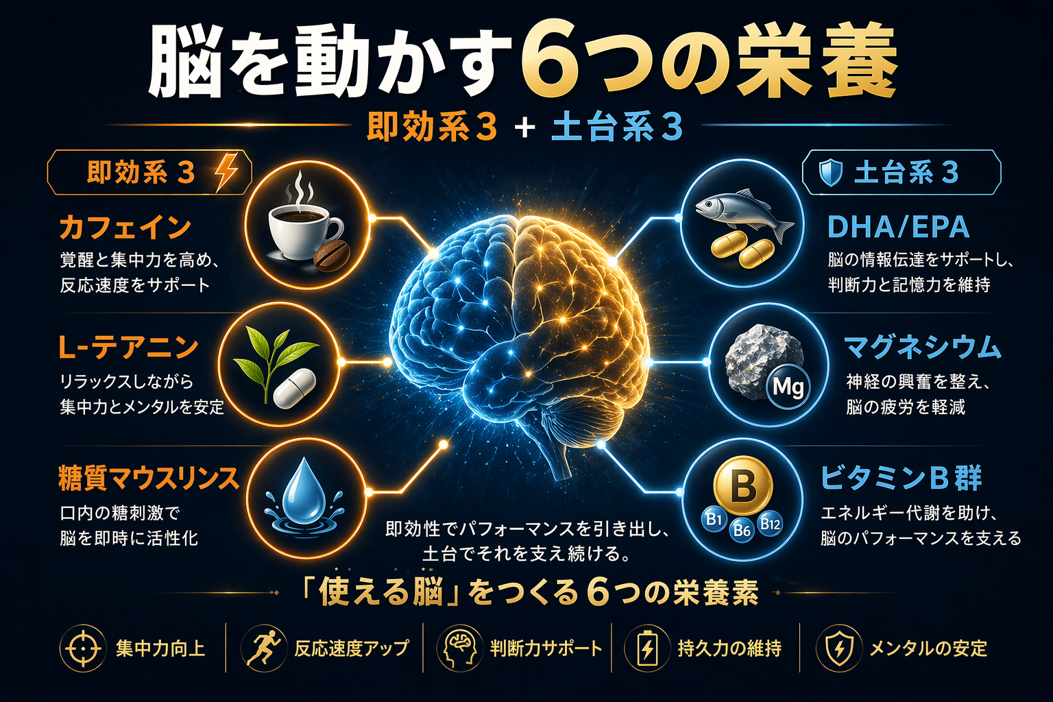 脳のパフォーマンスを支える6つの栄養素マップ
